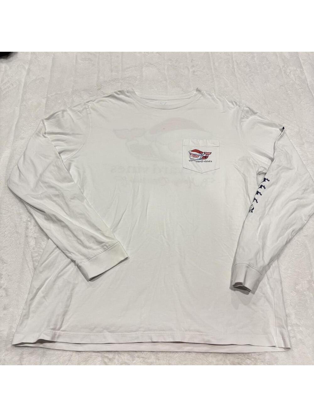 Vineyard Vines Santa Merry Christmas Long Sleeve Tee Men L 100% Cotton White